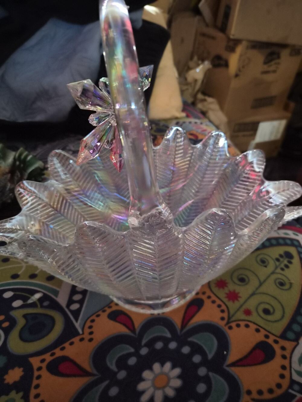 Vintage LE Smith Feather And Fern Crystal Lustre Carnival Glass Basket With